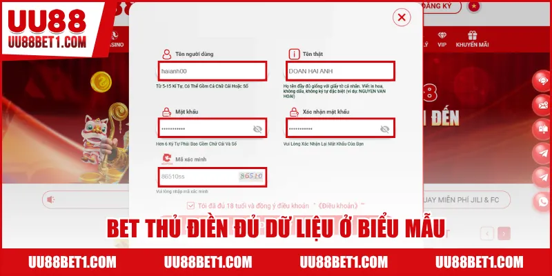 Bet thủ điền đủ dữ liệu ở biểu mẫu