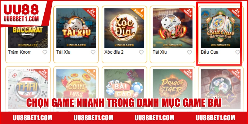 Chọn game nhanh trong danh mục Game Bài