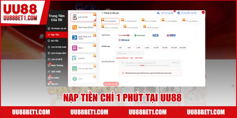 Nạp tiền chỉ 1 phút tại uu88